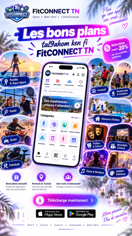 Affiche FitCONNECT TN : paddle, padel, quad, paintball, football, randonnée, maisons d’hôtes, théâtre et cinéma