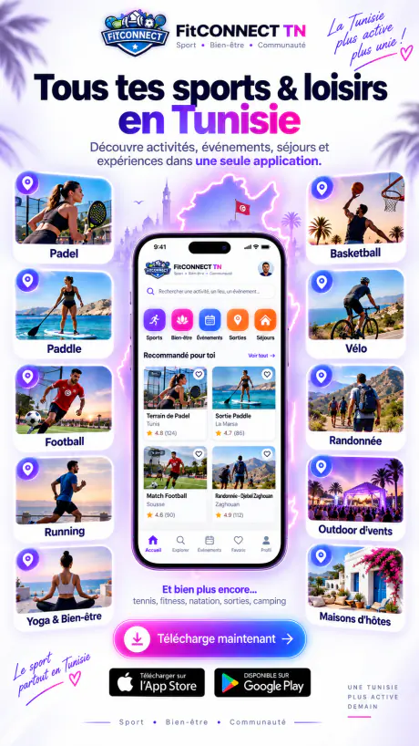 Affiche FitCONNECT TN : padel, paddle, football, running, yoga, basketball, vélo et randonnée dans une seule app
