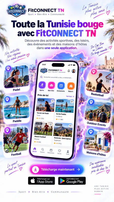 Affiche FitCONNECT TN : des activités près de chez vous, du Cap Bon au Sahara